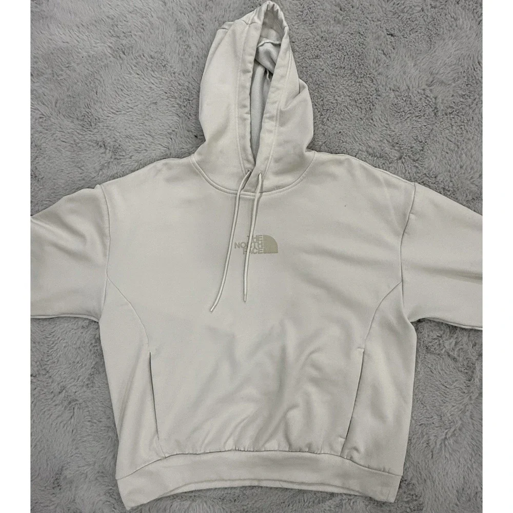 The North Face Men's White Pullover Fleece Hoodie Logo Pockets Drawstring Size M